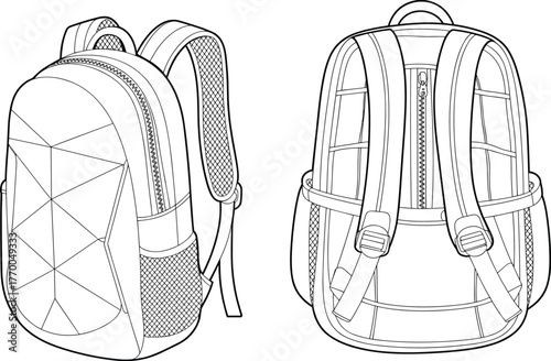CAD drawing flat vector illustration, modern backpack design, technical sketch, detailed school bag blueprint, travel gear, outdoor equipment concept