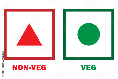 Veg and non-veg food icon dot and triangle. Vegetarian and non-vegetarian symbols. Green dot and red dot in squares. Vegan and non-vegan food labels. Vector illustration.