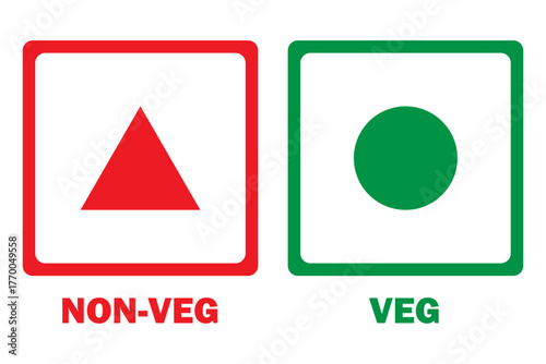 Veg and non-veg food icon dot and triangle. Vegetarian and non-vegetarian symbols. Green dot and red dot in squares. Vegan and non-vegan food labels. Vector illustration.