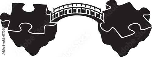 Puzzle Pieces Forming a Bridge Silhouette Icon. Solution, Connection, Strategy, and Teamwork Concept