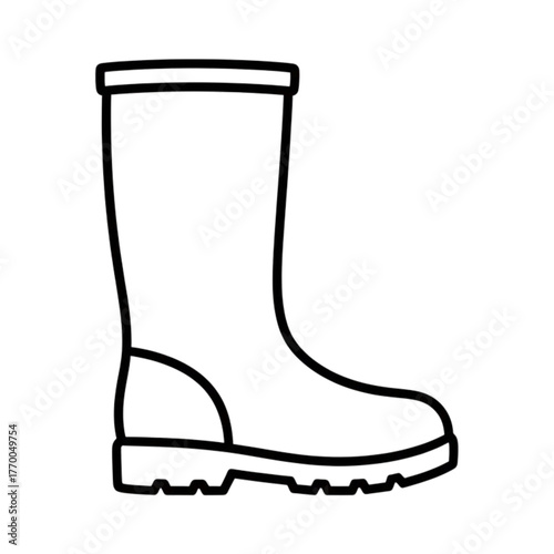 A simple black and white line drawing of a single rubber boot, isolated on a