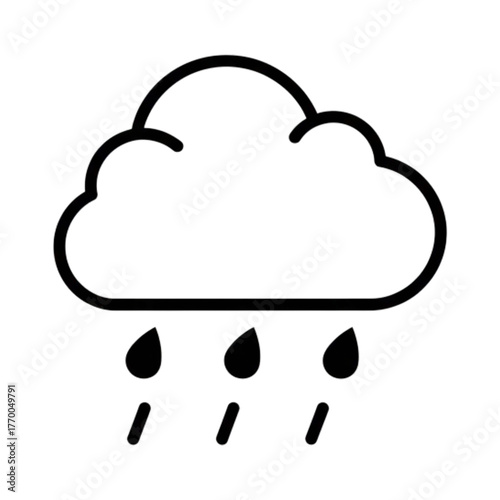 A simple black and white line art icon representing a cloud with rain falling from it, isolated on a