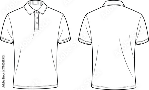 CAD drawing flat vector illustration of men’s polo shirt with three buttons, front and back view, technical fashion sketch