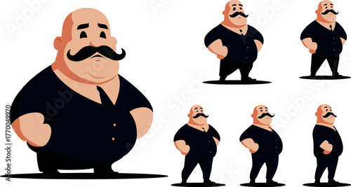 Cartoon Character Vector of Bald, Overweight Man with a Moustache in a Black Suit
