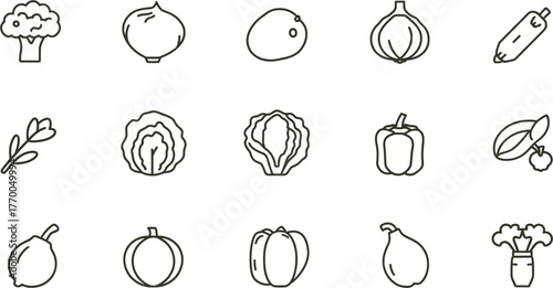A collection of fresh, hand-drawn vegetable icons, perfect for illustrating healthy eating, cooking, and the beauty of nature's bounty.