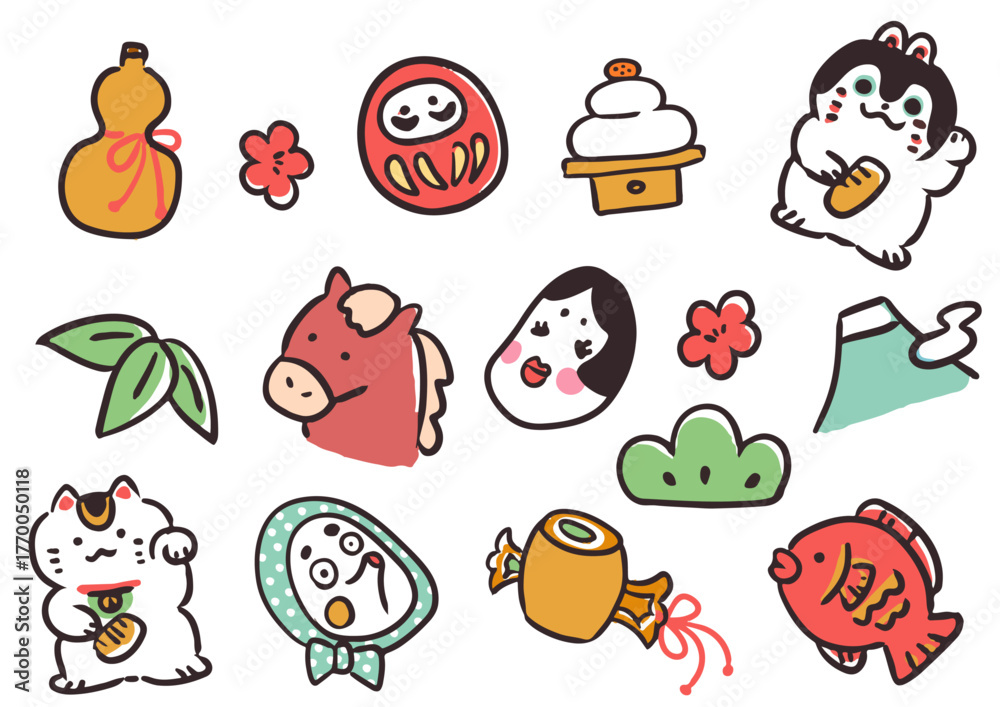 Obraz premium 手描きの可愛い午年のお正月イラストセット
