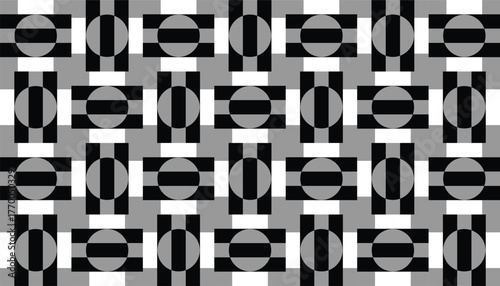A seamless geometric pattern featuring black and white circles aligned with vertical and horizontal stripes. The abstract optical design creates a bold contrast and rhythmic repetition