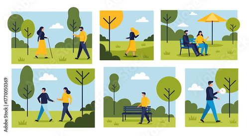 Collection of Flat Illustrations Depicting Diverse People Enjoying Outdoor Activities in a Green