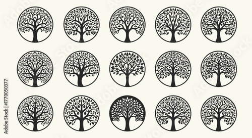 Collection of fifteen circular tree of life illustrations.