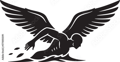 Swimmer with Angel Wings Silhouette. Freedom, Limitless Power, and Flying/Swimming Metaphor
