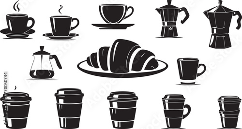 Coffee cups, takeaway mugs, moka pot, french press and croissant set, black cafe breakfast vector art