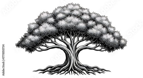 Detailed Black and White Illustration of a Majestic Old Tree with Spreading Roots and Lush Foliage