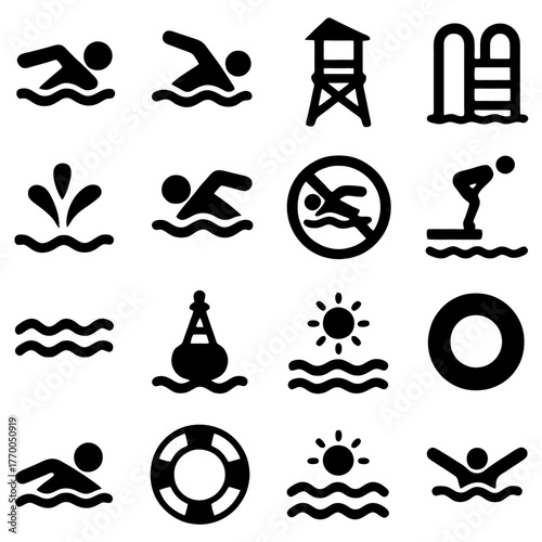 Pool Icons Collection: A collection of meticulously crafted icons portraying various elements related to a swimming pool, conveying information clearly and concisely.