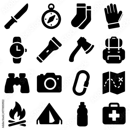 Adventure Essentials: A comprehensive assortment of essential outdoor tools and gear, meticulously arranged to embody preparedness and the allure of exploration.