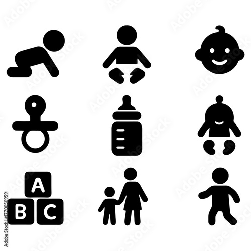 Baby Icons: A collection of charming baby icons, showcasing various elements of infancy and early childhood, perfect for illustrating themes of family and parenthood.