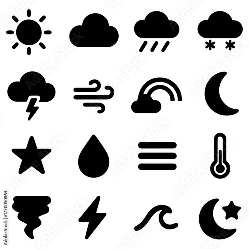 Weather Icons: A collection of diverse weather icons represents a range of atmospheric conditions and elements. This versatile image caters to meteorologists, weather enthusiasts.