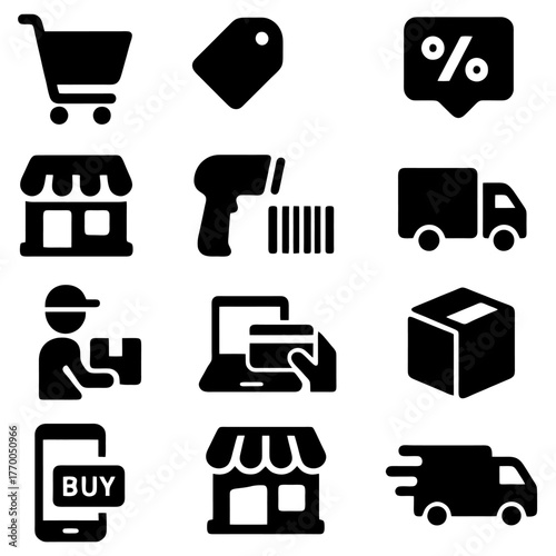 Online Shopping Icons: A collection of sleek, modern icons that represent essential elements of the online shopping experience.