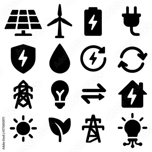 Green Energy Icons: A collection of meticulously crafted, clean, and modern graphic icons that represent various facets of renewable energy.