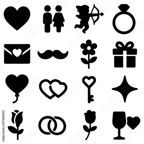 Symbolic Romance: A collection of meticulously crafted, stark black and white icons that serve as an enchanting visual poem celebrating love, commitment, and joy. These symbols represent affection.