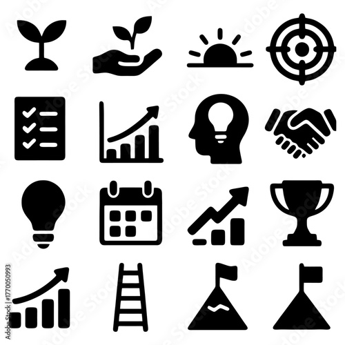 Icons of Growth and Ambition: A set of icons representing business growth, goal achievement, and new ideas, these images evoke the spirit of ambition and drive for prosperity.