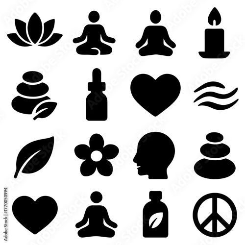 Tranquility Essentials: A collection of symbolic icons, including lotus flowers, meditating figures, serene candles, stacked stones, and essential oils, embodies peace, balance, and harmony.