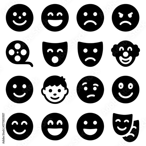 Emotions in Icon Form: A collection of diverse emoji icons, conveying a spectrum of human feelings, from joy and laughter to sadness and anger, alongside theatrical masks and a film reel. 