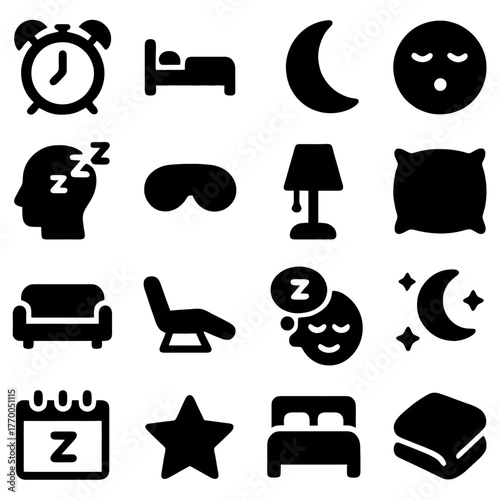 Sleep Icons Collection: A collection of meticulously crafted, monochrome icons capturing the essence of sleep, relaxation, and nocturnal tranquility, perfect for web, print, or any design project.