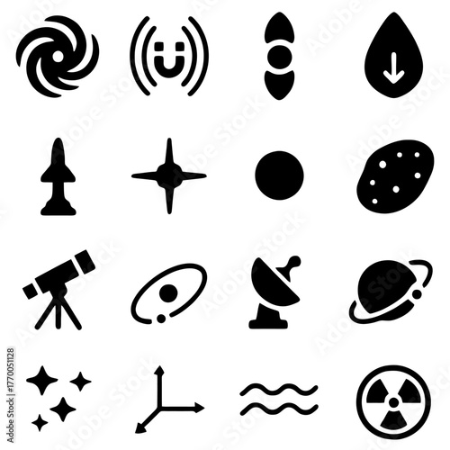 Celestial Icons: A collection of various celestial icons, from galaxy spirals to rocket ships. This photo embodies the exploration of space and beyond.
