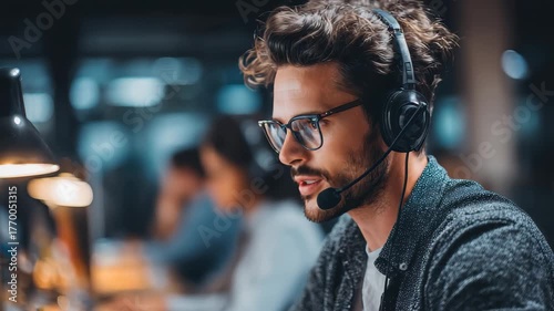 Man engaged in a telemarketing call center, focusing on customer interaction and sales in a modern office environment during evening hours
