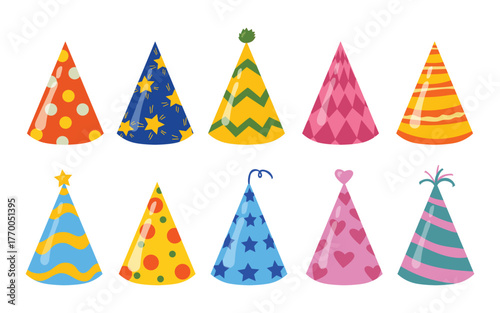 Birthday hats set. Party celebration cone hat collection. Set of party cone caps. Vector illustration.