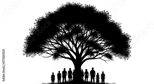 Diverse Group of People Silhouetted Under a Majestic Tree Representing Community and Unity