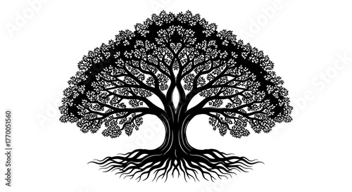 Elaborate Black Silhouette of a Thriving Tree with Intricate Roots and Abundant Foliage