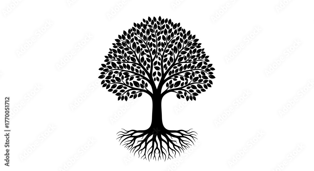 Naklejka premium Elegant Black Silhouette of a Mighty Tree with Deep Roots and Lush Foliage on a White Background