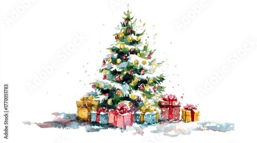 Beautiful Christmas abstract fir tree with gifts, hand drawn watercolor stock illustration.