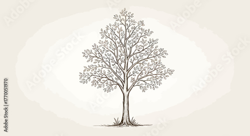 Elegant hand-drawn illustration of a leafy deciduous tree against a textured light background