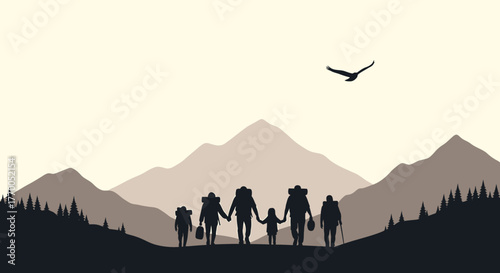 Family Hiking Adventure in Majestic Mountain Landscape with Flying Eagle Silhouette Illustration