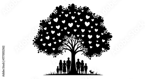 Family Tree of Love: Silhouettes of Parents and Children Under a Heart-Filled Canopy