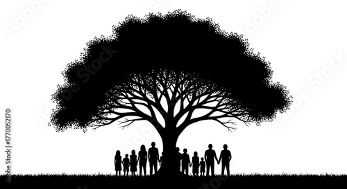 Family and Community Under a Majestic Tree Silhouette, Symbolizing Growth, Connection, and Nature's
