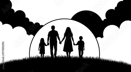 Happy Family Silhouette Walking Hand in Hand on Grassy Hill Against Sunset Sky