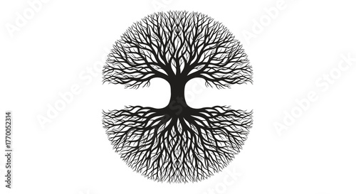 Intricate Circular Tree and Root System Design Illustrating Harmony and Nature