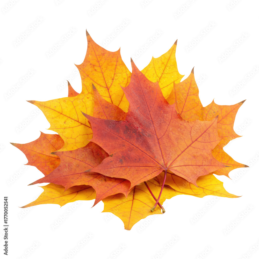 Fototapeta premium Pile of Bright Red and Yellow Maple Leaves Isolated on Transparent PNG Background.