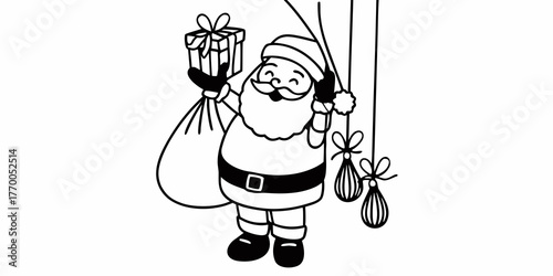 Santa claus holding a gift box and a bag with christmas ornaments hanging in a black and white drawing