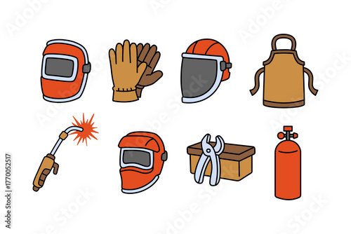 welding helmet, gloves, torch, apron, gas cylinder and toolbox colorful vector illustration element design collection for safety kit, industrial, workshop, equipment, metalwork, welder and factory