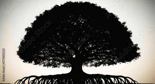 Magnificent Tree Silhouette with Expansive Roots Against a Serene Sky Backdrop