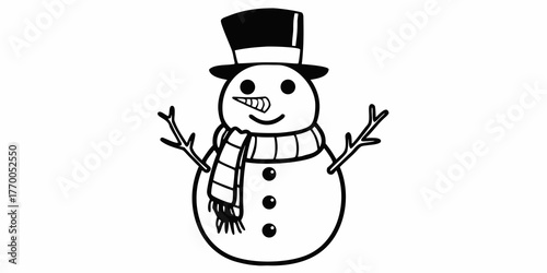 Illustration of a snowman with a top hat scarf carrot nose and stick arms in black and white style