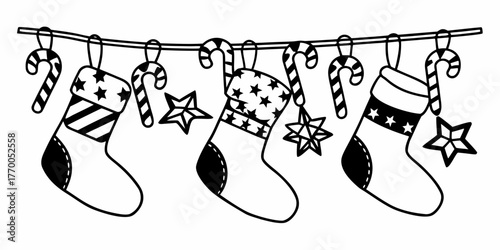 Christmas stockings hanging on a line with candy canes and stars in black and white drawing style art