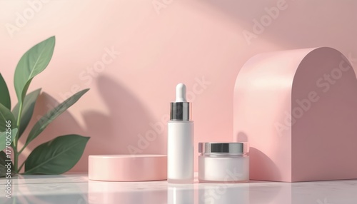 Skincare product mockups on pink background. Cosmetic serum bottle and cream jar on marble display. Natural beauty brand concept with green leaf. Minimal luxury scene for spa and wellness routine.
