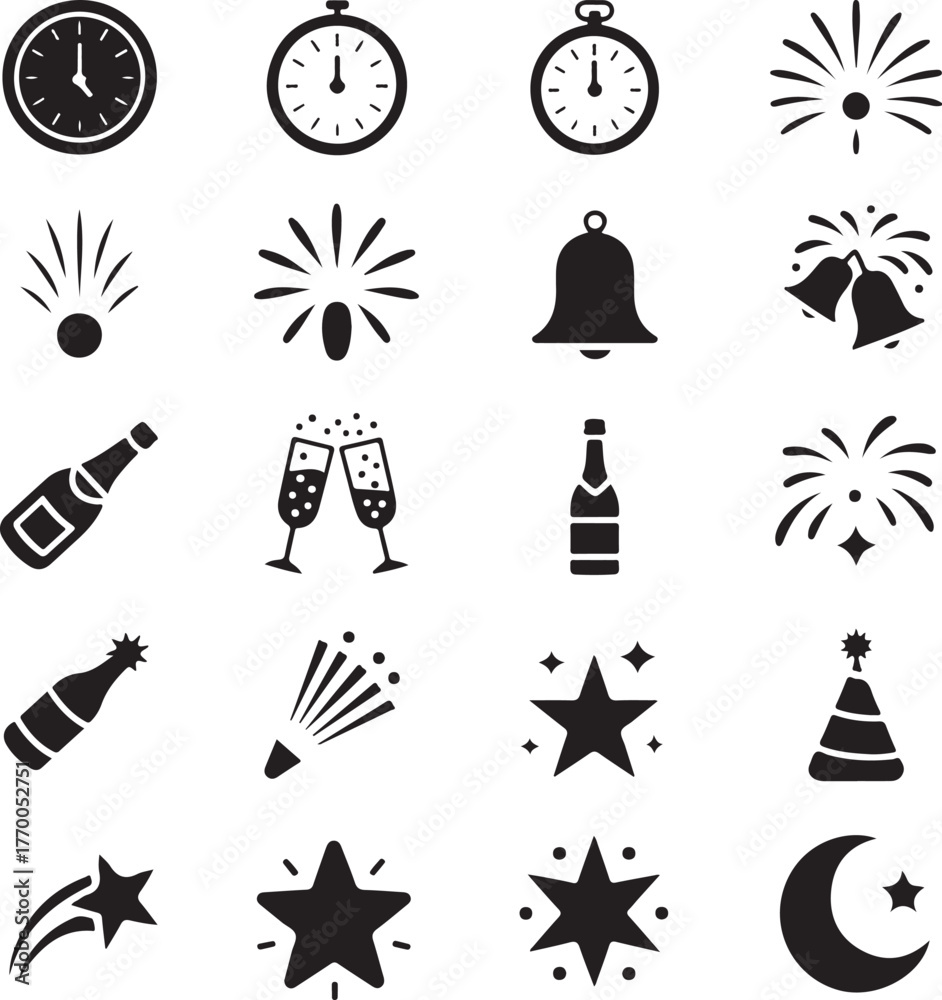 Fototapeta premium Midnight Silhouette Vector Bundle | New Year Countdown Icons | Clock, Bell Vector