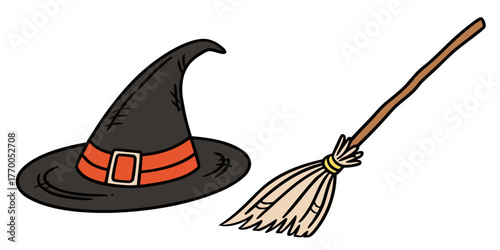 Illustration of a witch hat with orange band and a broom for halloween celebration decoration icon