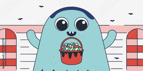 A cartoon blue monster holding a candy basket with bats flying around and building in the background